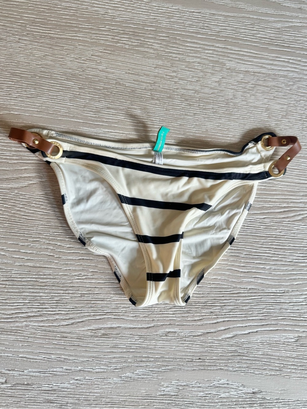 Vix cream & black striped bikini bottoms with tan leather sides, large